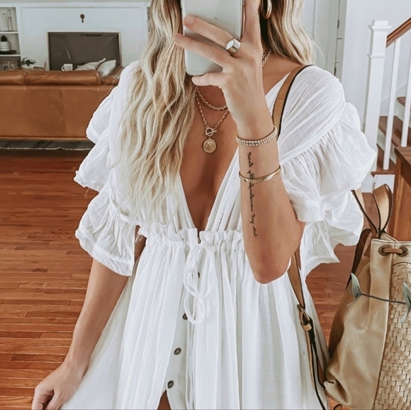 New Boho Flowy Plunge Maxi Gauze Cover Up Dress Summer White - Picture 4 of 15